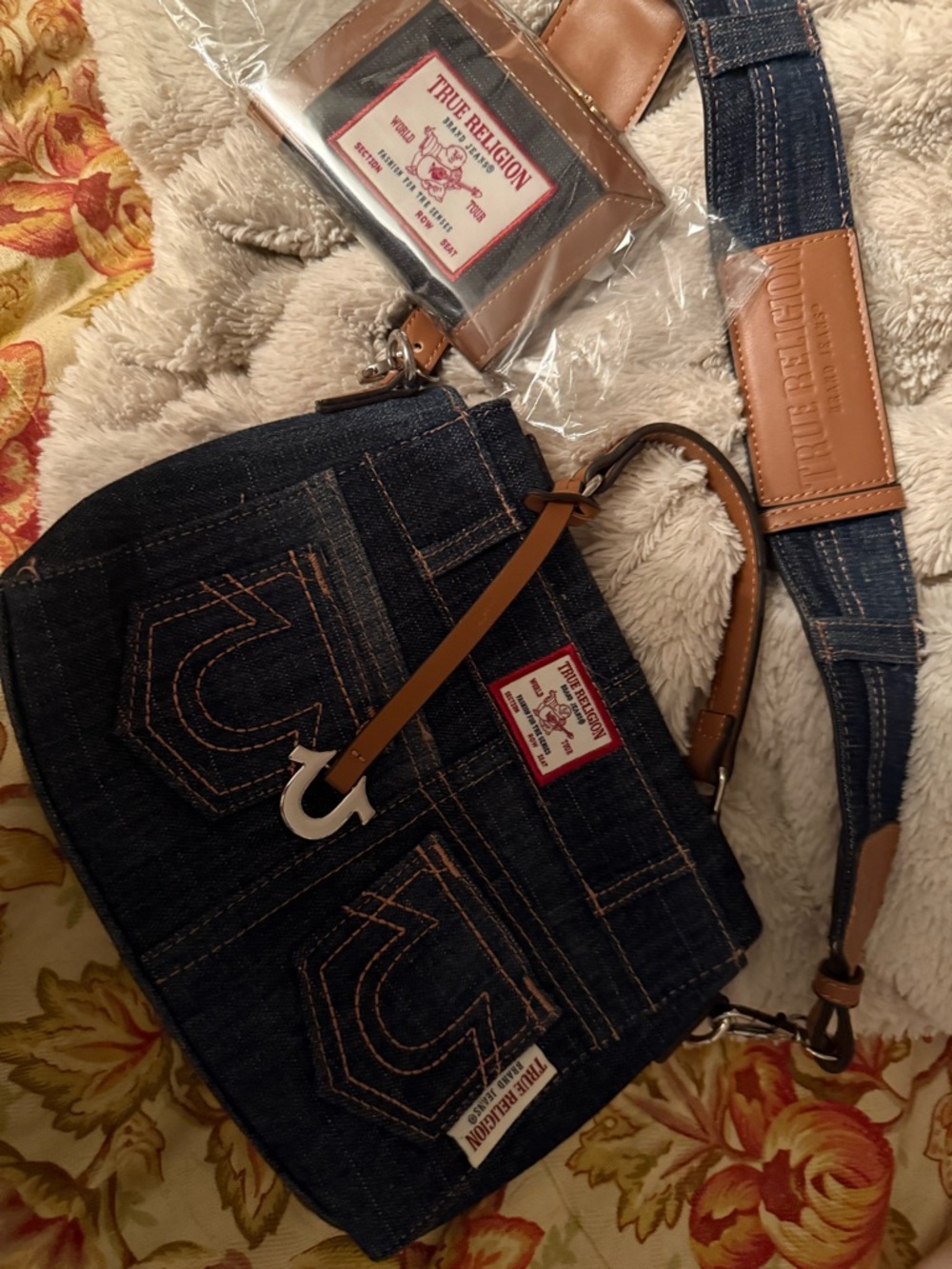 True Religion Dark Blue Denim Bag with Tan Leather Trim and matching wallet
